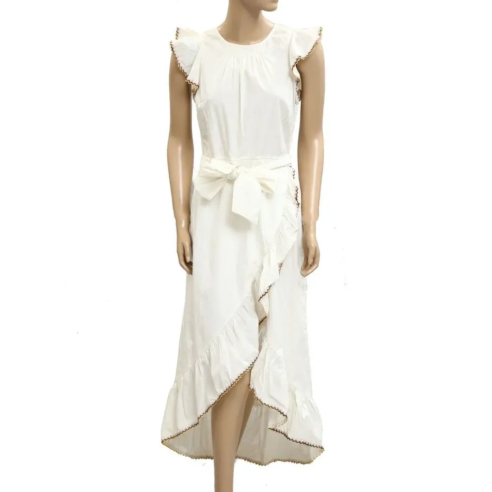 Saylor Anthropologie Yolanda Midi Dress Ric Rac Smocked Ruffle Cotton M 282247